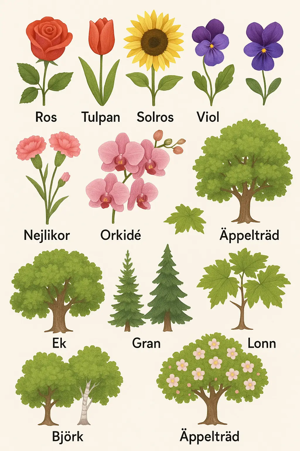 A beautiful, educational, high-resolution image showing a variety of flowers and trees with their Swedish names labeled