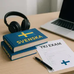 A high-quality, professional image representing a language exam setting in Finland, with Swedish textbooks, exam papers, a pen, and a Finnish flag symbol subtly visible.