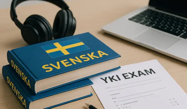 A high-quality, professional image representing a language exam setting in Finland, with Swedish textbooks, exam papers, a pen, and a Finnish flag symbol subtly visible.