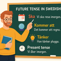 A modern and engaging educational illustration that visually explains the four ways to express the future tense in Swedish (ska, kommer att, tänker, present tense).