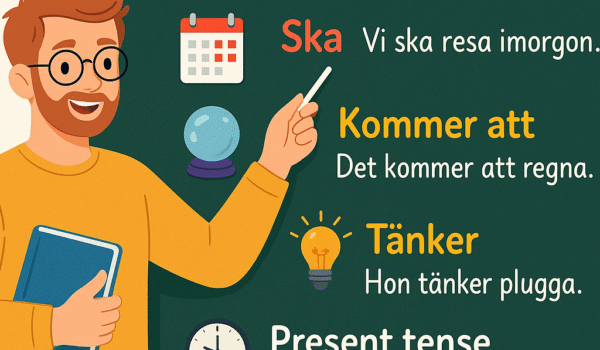 A modern and engaging educational illustration that visually explains the four ways to express the future tense in Swedish (ska, kommer att, tänker, present tense).