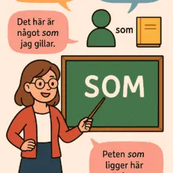 epresentation of the word 'som' in Swedish, featuring language and grammar elements; suitable for illustrating the diverse uses of 'som' in relative clauses, comparisons, and similes."
