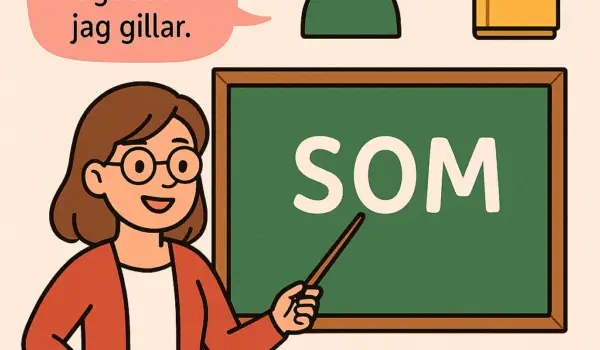 epresentation of the word 'som' in Swedish, featuring language and grammar elements; suitable for illustrating the diverse uses of 'som' in relative clauses, comparisons, and similes."