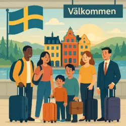 تصویر مفهومی مهاجرت به سوئد؛ چمدان و خانواده‌ای مهاجر مقابل نقشه سوئد، با پرچم و المان مدرن