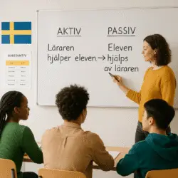«آموزش گرامر گذشته مجهول در زبان سوئدی؛ تخته سفید با مثال‌های passive و تصویر یک معلم سوئدی در حال توضیح ساختار جمله برای دانش‌آموزان مهاجر»