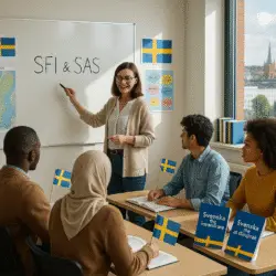 لاس زبان سوئدی SFI-SAS؛ مهاجران در حال یادگیری، تخته سفید و المان سوئدی