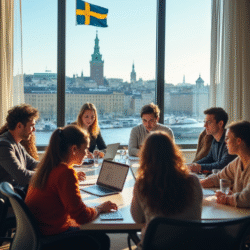 A high-quality, realistic image showing a diverse group of people looking for jobs in Sweden, with elements like laptops, job boards, Stockholm city skyline, Swedish flag elements