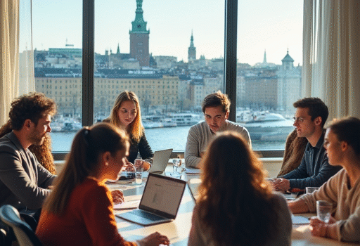 A high-quality, realistic image showing a diverse group of people looking for jobs in Sweden, with elements like laptops, job boards, Stockholm city skyline, Swedish flag elements