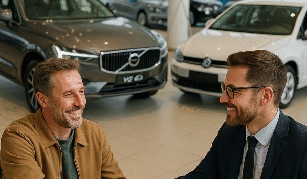 A high-quality, realistic photo depicting the process of buying a car in Sweden