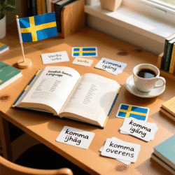 A top-down view of a cozy study desk for learning Swedish, with an open Swedish language book showing verbs, scattered flashcards with compound verbs