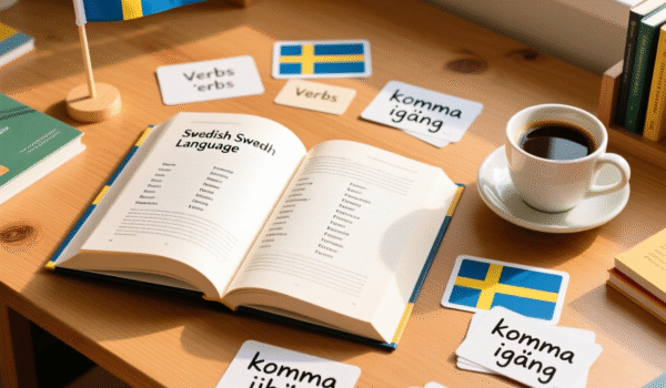 A top-down view of a cozy study desk for learning Swedish, with an open Swedish language book showing verbs, scattered flashcards with compound verbs