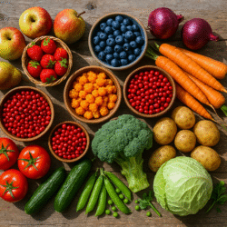 A vibrant, high-resolution image showcasing an assortment of Swedish fruits and vegetables arranged on a rustic wooden table.