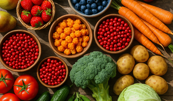 A vibrant, high-resolution image showcasing an assortment of Swedish fruits and vegetables arranged on a rustic wooden table.
