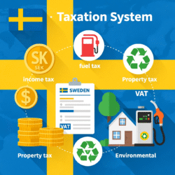 An informative, professional-style illustration of Sweden’s taxation system, featuring symbols of different taxes: income tax, fuel tax, VAT, property tax, and environmental taxes. Include Swedish crowns (SEK) coins, tax forms, a fuel pump, a house, and eco-friendly icons