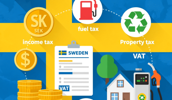 An informative, professional-style illustration of Sweden’s taxation system, featuring symbols of different taxes: income tax, fuel tax, VAT, property tax, and environmental taxes. Include Swedish crowns (SEK) coins, tax forms, a fuel pump, a house, and eco-friendly icons