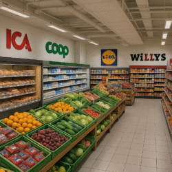 Realistic photo of a Swedish grocery store interior with bright lighting, colorful shelves full of fruits, vegetables, bread, dairy, and packaged goods.