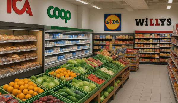 Realistic photo of a Swedish grocery store interior with bright lighting, colorful shelves full of fruits, vegetables, bread, dairy, and packaged goods.