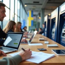 a high-quality, professional, realistic photo depicting Swedish banking concept — includes modern bank building in Sweden, Swedish flags, people using ATMs and online banking on laptops and smartphones