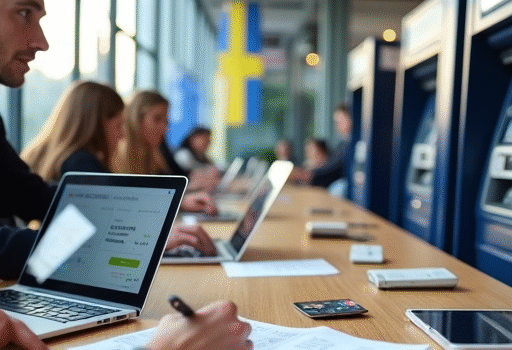 a high-quality, professional, realistic photo depicting Swedish banking concept — includes modern bank building in Sweden, Swedish flags, people using ATMs and online banking on laptops and smartphones