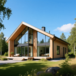 modern Scandinavian-style house in Sweden, surrounded by nature, with large glass windows, wooden facade, minimalistic design, taken during summer