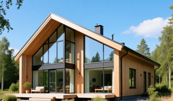 modern Scandinavian-style house in Sweden, surrounded by nature, with large glass windows, wooden facade, minimalistic design, taken during summer