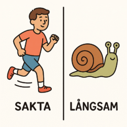 An educational, clear illustration showing the difference between the Swedish words 'sakta' and 'långsam'. On one side, depict a person running slowly (sakta) as an action, and on the other side, depict a snail labeled långsam to represent slowness as a characteristic