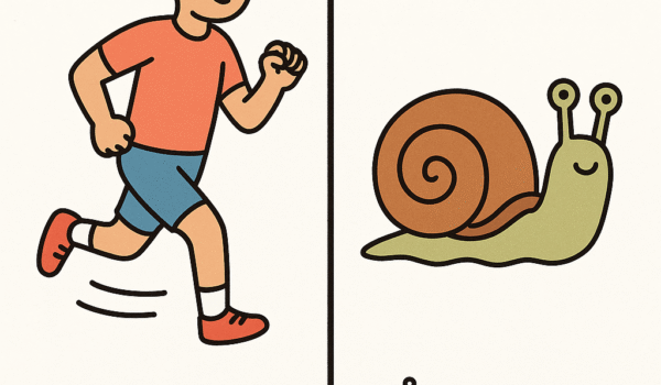 An educational, clear illustration showing the difference between the Swedish words 'sakta' and 'långsam'. On one side, depict a person running slowly (sakta) as an action, and on the other side, depict a snail labeled långsam to represent slowness as a characteristic