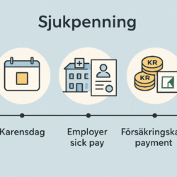 an informative, professional-style illustration showing the Swedish sjukpenning process: a timeline with key stages (karensdag, employer sick pay,