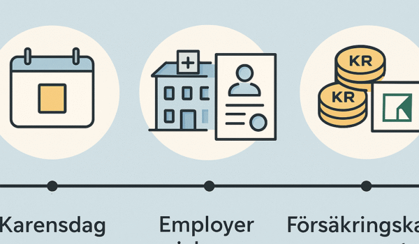 an informative, professional-style illustration showing the Swedish sjukpenning process: a timeline with key stages (karensdag, employer sick pay,