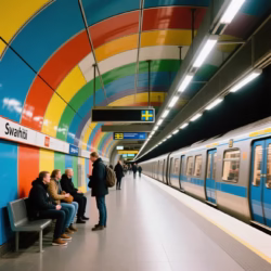 a clean modern photo of Stockholm metro tunnelbana station with artistic colorful walls, commuters waiting for train, representing Sweden public transportation