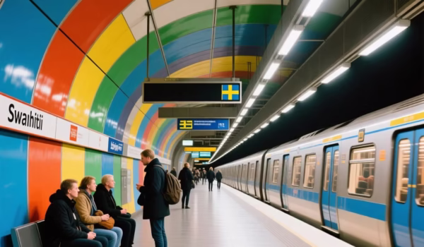 a clean modern photo of Stockholm metro tunnelbana station with artistic colorful walls, commuters waiting for train, representing Sweden public transportation