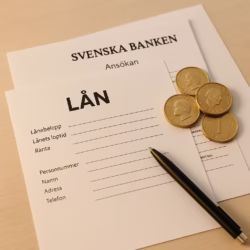 a realistic photo representing taking a loan in Sweden, with Swedish bank documents and krona coins on a clean desk