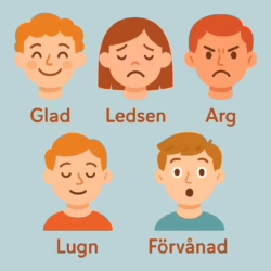 Educational illustration showing Swedish words for emotions and human feelings.