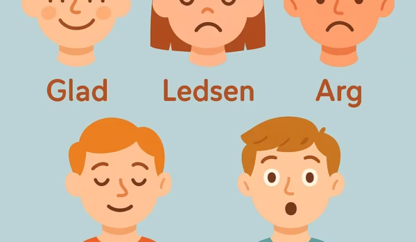 Educational illustration showing Swedish words for emotions and human feelings.