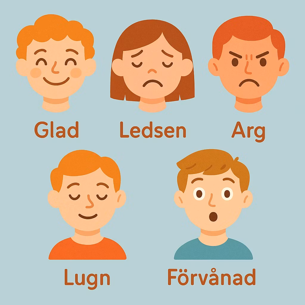 Educational illustration showing Swedish words for emotions and human feelings.