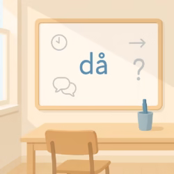 A clean, modern, minimalist illustration suitable for a language‑learning website. The image shows a Swedish classroom scene: a whiteboard with the word "då"
