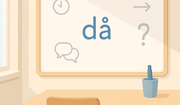 A clean, modern, minimalist illustration suitable for a language‑learning website. The image shows a Swedish classroom scene: a whiteboard with the word "då"