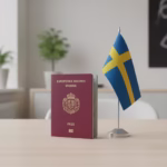 A clean, modern editorial-style image for a website article about obtaining Swedish citizenship. Show a close-up of a Swedish passport placed on a minimalist light wooden table, with soft natural daylight