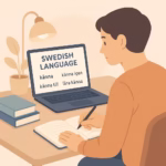 A clean, modern, website-friendly illustration showing the concept of Swedish language learning. A person is studying vocabulary at a desk with books, a